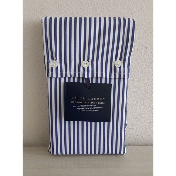 Ralph Lauren Organic Shirting Stripe 100% Cotton Two King Pillowcases Blue White - Picture 1 of 11